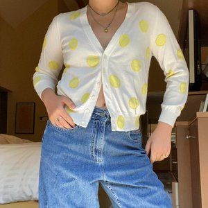 J Crew Button Cardigan Sweater Polkadots Beaded 100% Cotton White/yellow